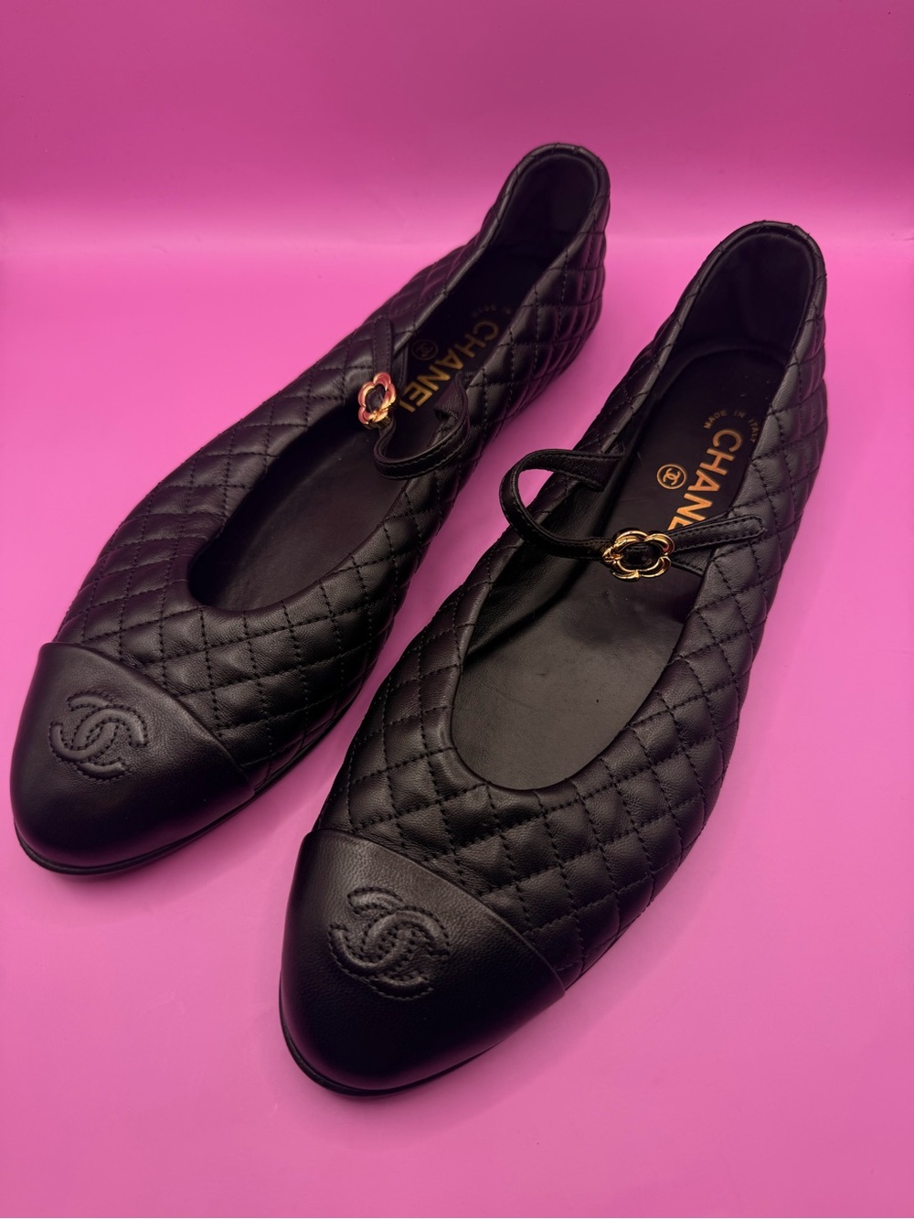 Authentic Chanel Black Quilted Leather Mary Jane Flats size 41.5
